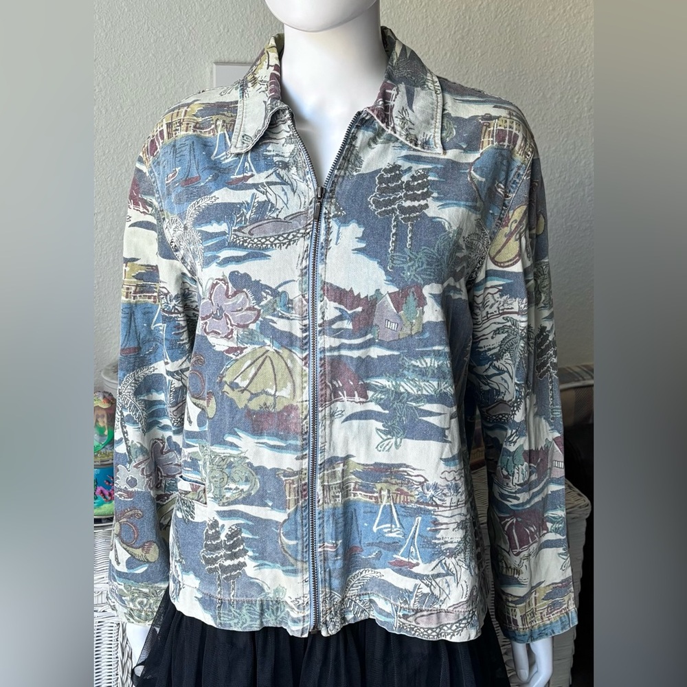 Chicos Jacket Denim Cotton Tropical Print in Blue White Chico Size 2 = L